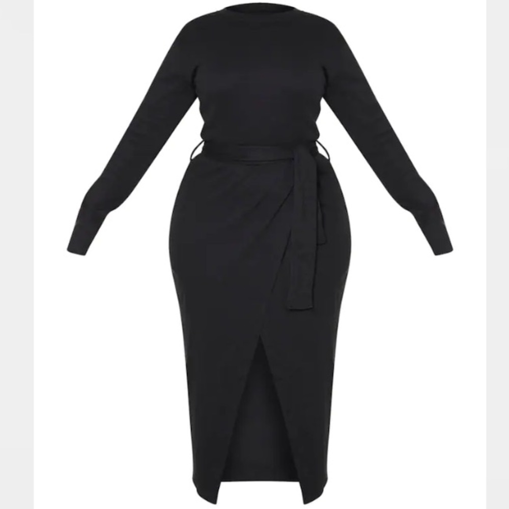 Pretty little thing Plus Black Thick Rib Tie Waist Wrap Midi Dress